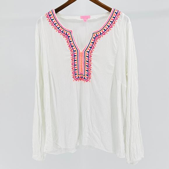 Lilly Pulitzer White Crinkle Cotton Neon Embroidered Boho Tunic Blouse - Picture 1 of 8